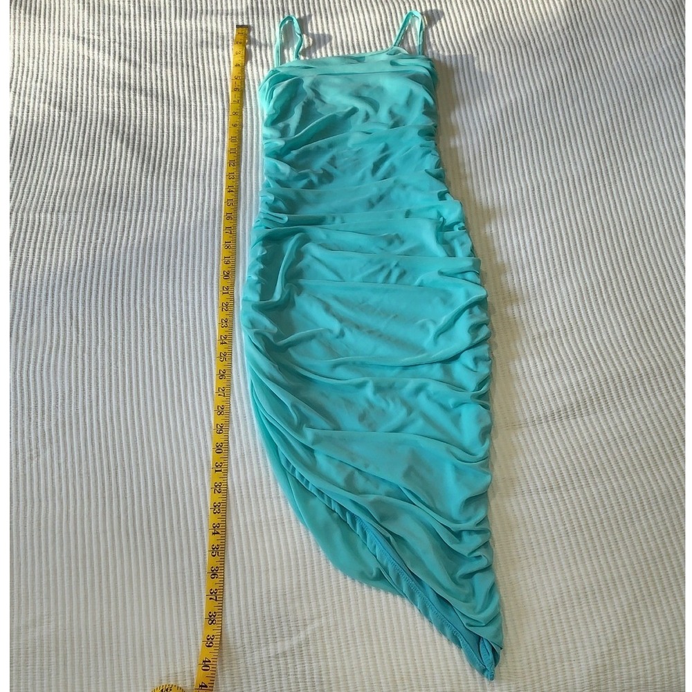 Charlotte Russe Turquoise Mesh‎ Ruched Bodycon Dress Asymmetrical Hem XS